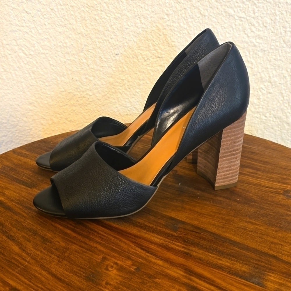 Franco Sarto|Black Pebbled Leather HIGH Block Heel Peep Toe Shoes Sz.7.5